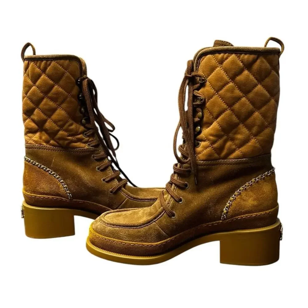 Chanel Quilted Suede Calfskin Chunky Heel Lace Up Combat Boots Womens 39 / US 9